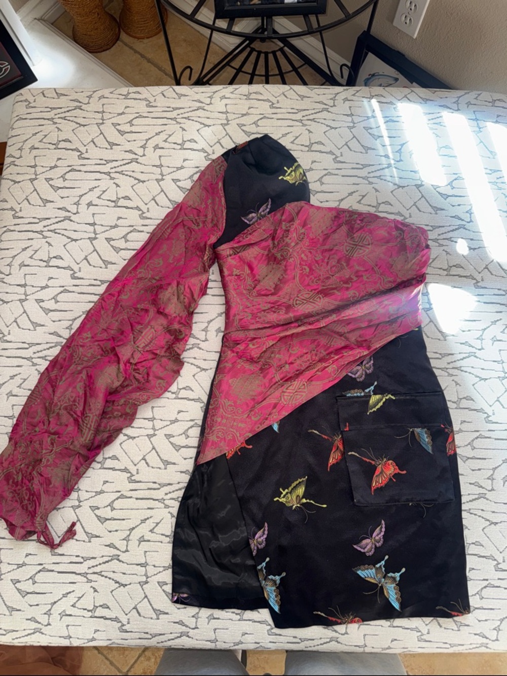 Kim Shui Black Butterfly Print Dress with Fuchsia Sleeve